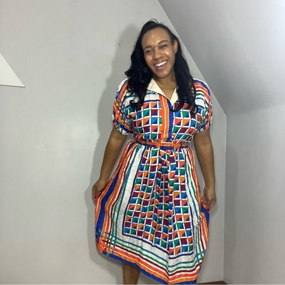 Vintage silk colorful A-line midi dress retro chic 80s twee bold graphic mod - Picture 6 of 15